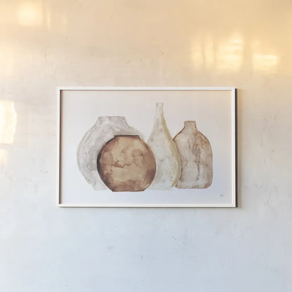 Earthy Neutral Vases IV by Chris Paschke. shown as a paper print in a white frame. Available as a archival giclee rolled canvas, fine art paper, or poster print. SKU 77194i.