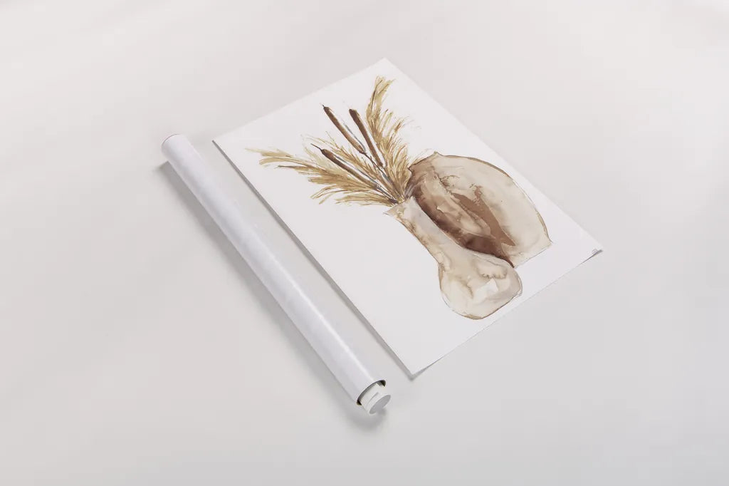 Earthy Vase Cattails by Chris Paschke. shown as a rolled paper print. Available as archival giclee rolled canvas, fine art paper, or poster print. SKU 77172h.