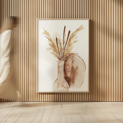Earthy Vase Cattails by Chris Paschke. shown as over sized large wall art. Available as an archival giclee rolled canvas, fine art paper, or poster print. SKU 77172h.