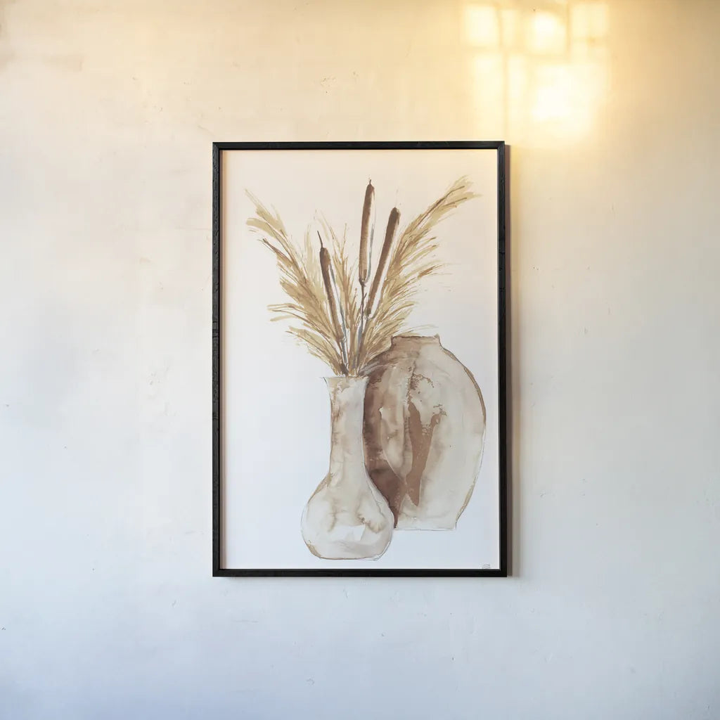 Earthy Vase Cattails by Chris Paschke. shown as a paper print in a black flame. Available as a archival giclee rolled canvas, fine art paper, or poster print. SKU 77172h.