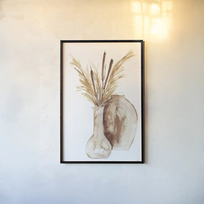Earthy Vase Cattails by Chris Paschke. shown as a paper print in a black flame. Available as a archival giclee rolled canvas, fine art paper, or poster print. SKU 77172h.