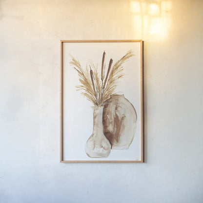 Earthy Vase Cattails by Chris Paschke. shown as a paper print in a natural frame. Available as a archival giclee rolled canvas, fine art paper, or poster print. SKU 77172h.
