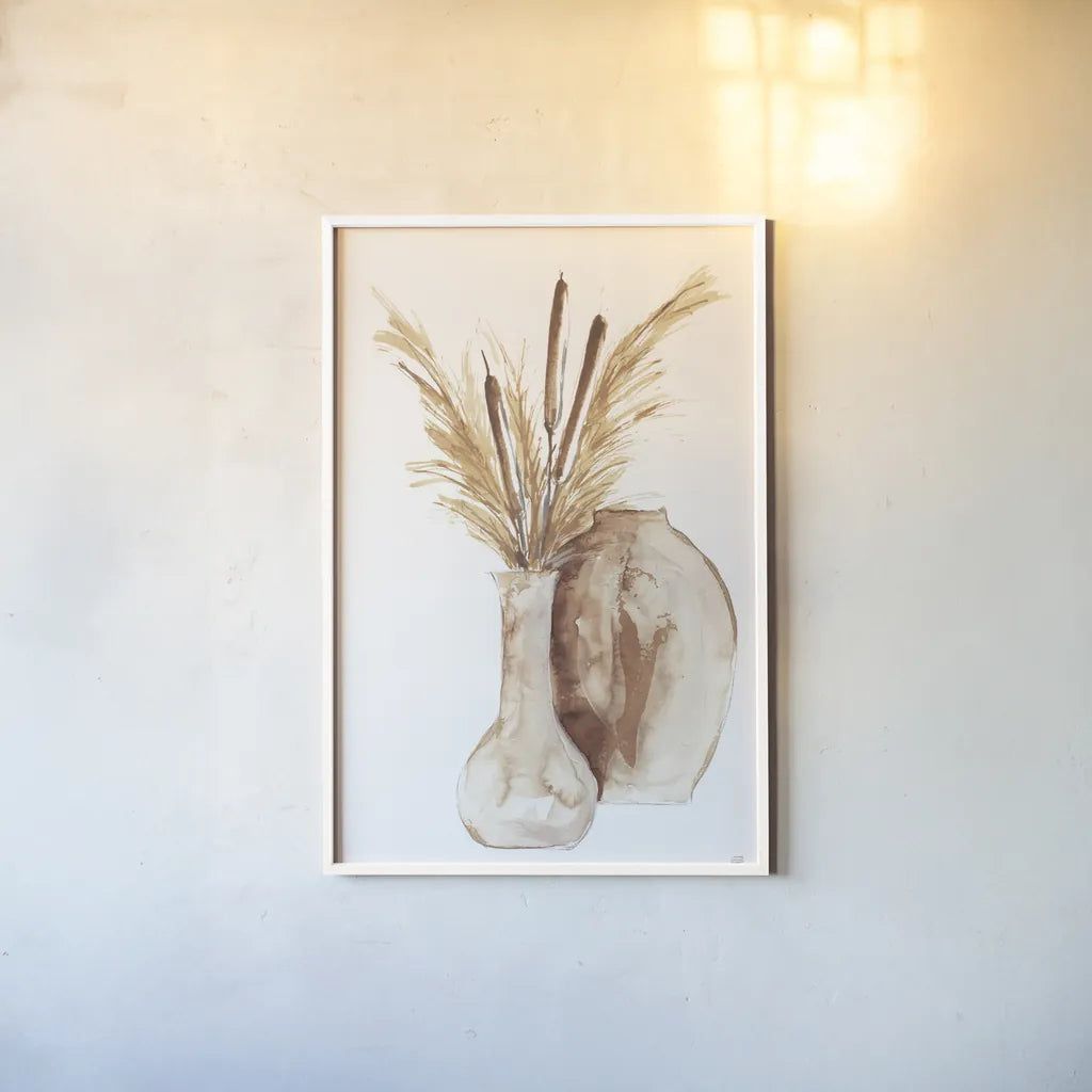 Earthy Vase Cattails by Chris Paschke. shown as a paper print in a white frame. Available as a archival giclee rolled canvas, fine art paper, or poster print. SKU 77172h.