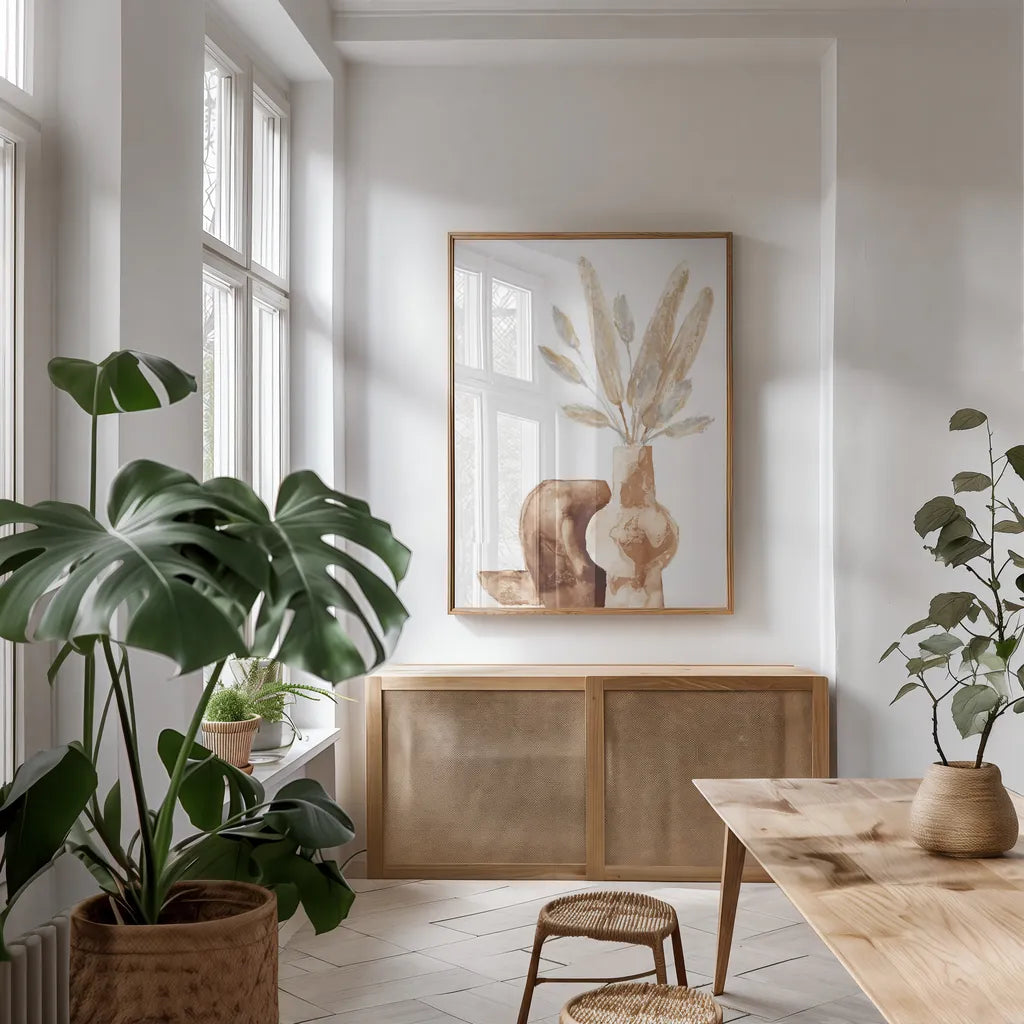 Earthy Vase Gray Bunny Tail by Chris Paschke. shown as a print in a natural wood frame in a dining room. Available as a archival giclee rolled canvas, fine art paper, or poster print. SKU 77173h.