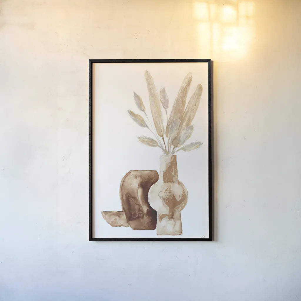 Earthy Vase Gray Bunny Tail by Chris Paschke. shown as a paper print in a black flame. Available as a archival giclee rolled canvas, fine art paper, or poster print. SKU 77173h.
