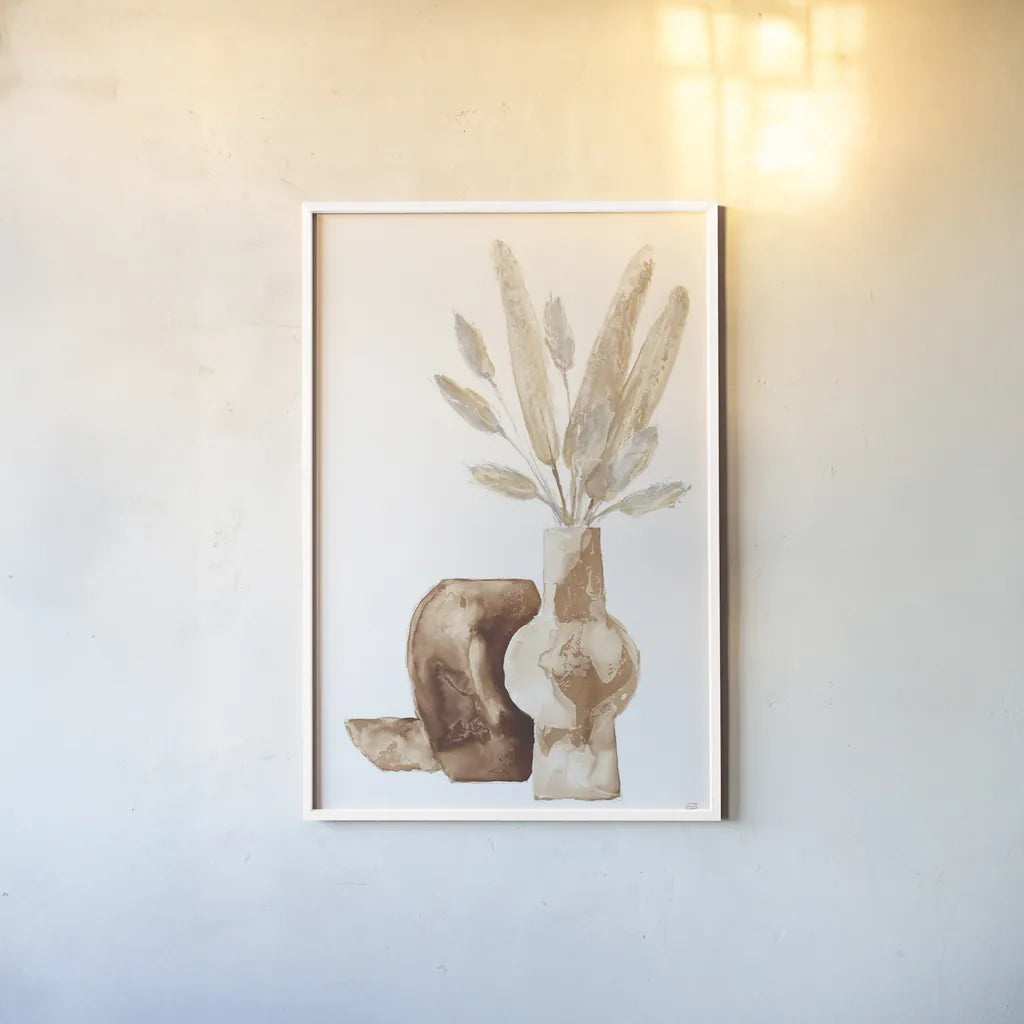Earthy Vase Gray Bunny Tail by Chris Paschke. shown as a paper print in a white frame. Available as a archival giclee rolled canvas, fine art paper, or poster print. SKU 77173h.
