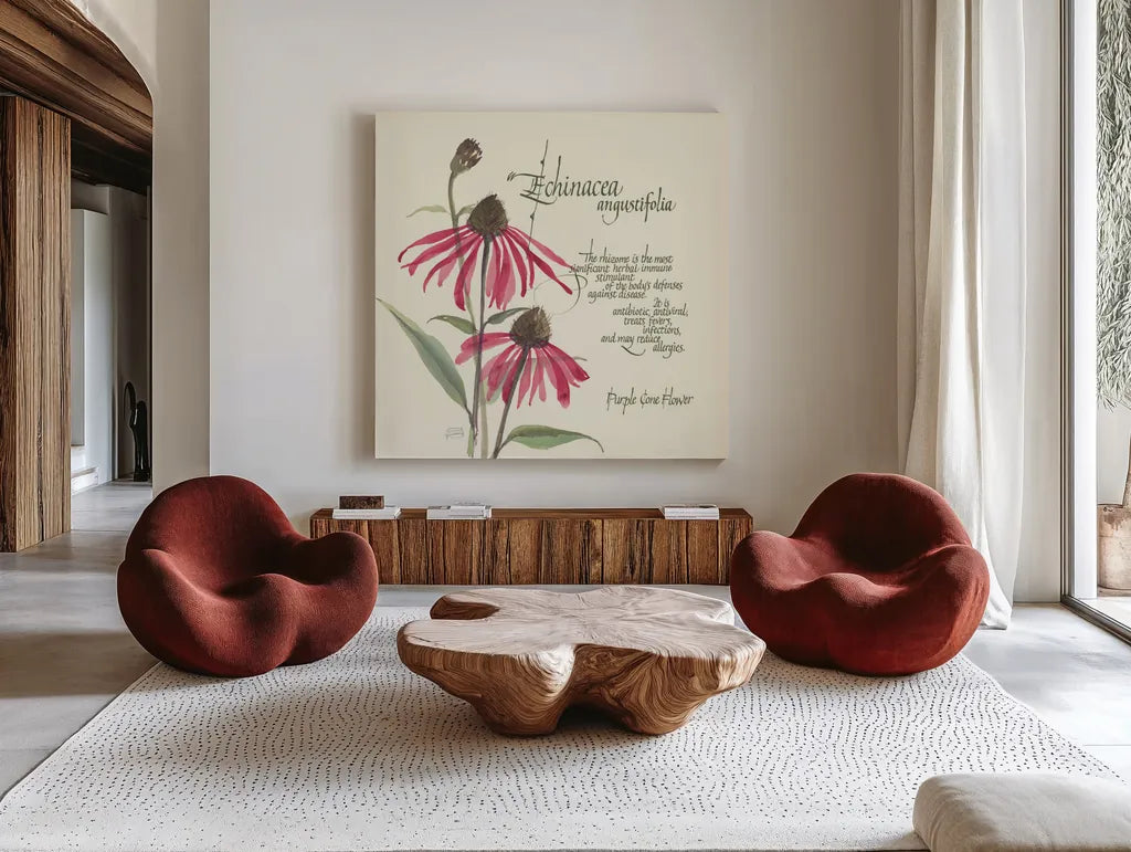 Echinacea by Chris Paschke. Shown as extra-large giant wall art in a modern living room. Available as an archival giclee rolled canvas, fine art paper, or poster print. SKU 1448a.