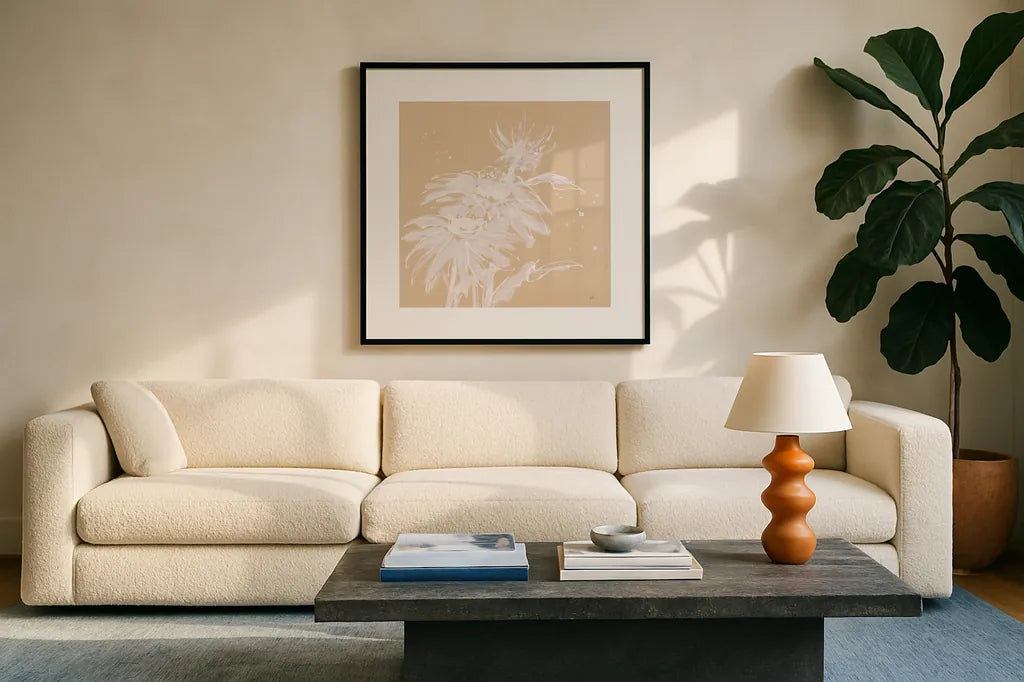 Echinacea I by Chris Paschke. Displayed in a glass frame with matte in a clean modern living room. Available as an archival giclee rolled canvas, fine art paper, or poster print. SKU 66768a.