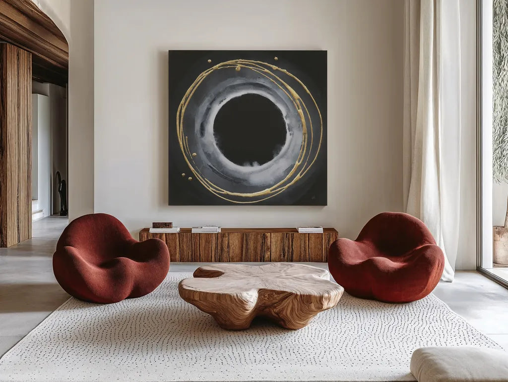 Eclipse I by Chris Paschke. Shown as extra-large giant wall art in a modern living room. Available as an archival giclee rolled canvas, fine art paper, or poster print. SKU 81884a.