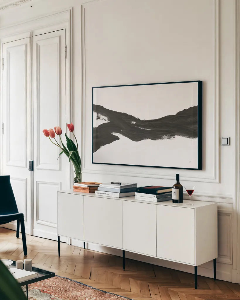 Either Way I by Chris Paschke. shown as a framed stretched canvas in a living room above a console. Available as a archival giclee rolled canvas, fine art paper, or poster print. SKU 94413i.