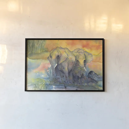 Elephants by Chris Paschke. shown as a paper print in a black flame. Available as a archival giclee rolled canvas, fine art paper, or poster print. SKU 44510i.