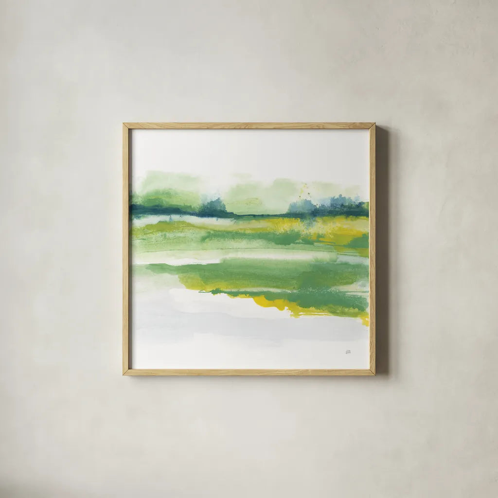 Emerald and Chartreuse I by Chris Paschke. Shown in a natural wood glass frame for a timeless modern aesthetic. Available as an archival giclee rolled canvas, fine art paper, or poster print. SKU 81053a.