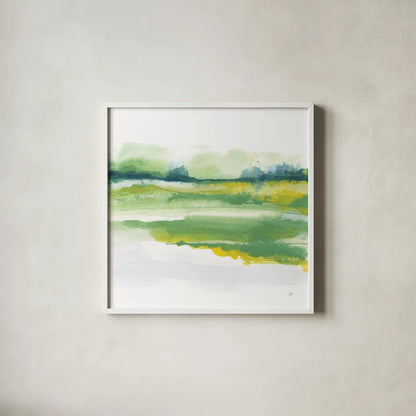Emerald and Chartreuse I by Chris Paschke. Shown in a crisp white glass frame for a clean and minimalist style. Available as an archival giclee rolled canvas, fine art paper, or poster print. SKU 81053a.