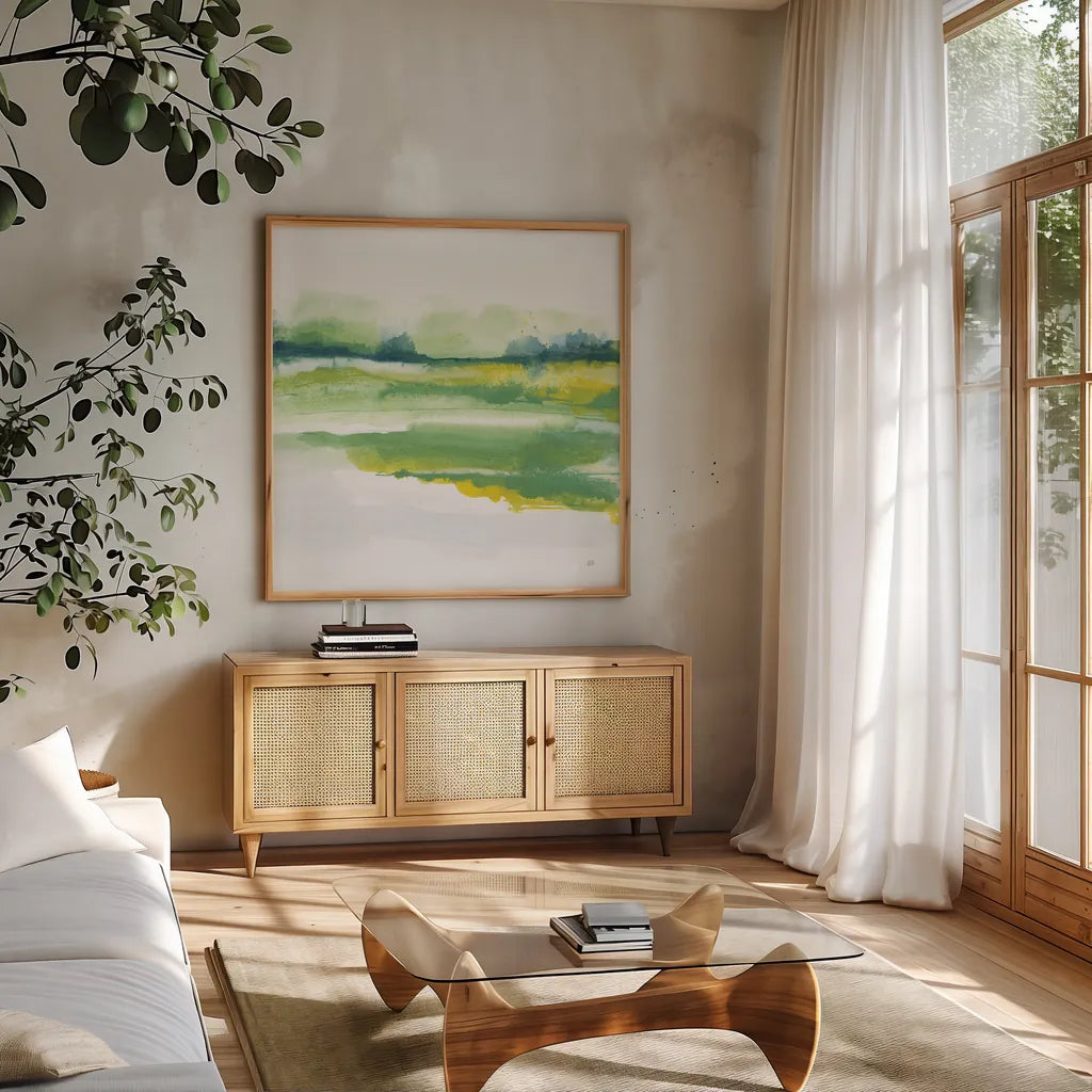 Emerald and Chartreuse I by Chris Paschke. Shown in a natural wood frame in a cozy modern living room. Available as an archival giclee rolled canvas, fine art paper, or poster print. SKU 81053a.