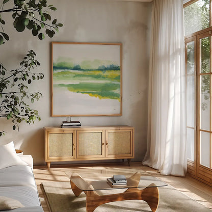 Emerald and Chartreuse I by Chris Paschke. Shown in a natural wood frame in a cozy modern living room. Available as an archival giclee rolled canvas, fine art paper, or poster print. SKU 81053a.