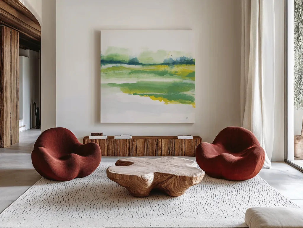 Emerald and Chartreuse I by Chris Paschke. Shown as extra-large giant wall art in a modern living room. Available as an archival giclee rolled canvas, fine art paper, or poster print. SKU 81053a.