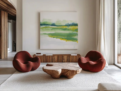 Emerald and Chartreuse I by Chris Paschke. Shown as extra-large giant wall art in a modern living room. Available as an archival giclee rolled canvas, fine art paper, or poster print. SKU 81053a.