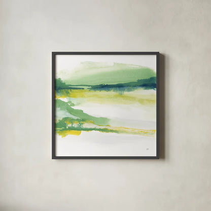 Emerald and Chartreuse II by Chris Paschke. Shown in a sleek black glass frame for a contemporary gallery look. Available as an archival giclee rolled canvas, fine art paper, or poster print. SKU 81054a.