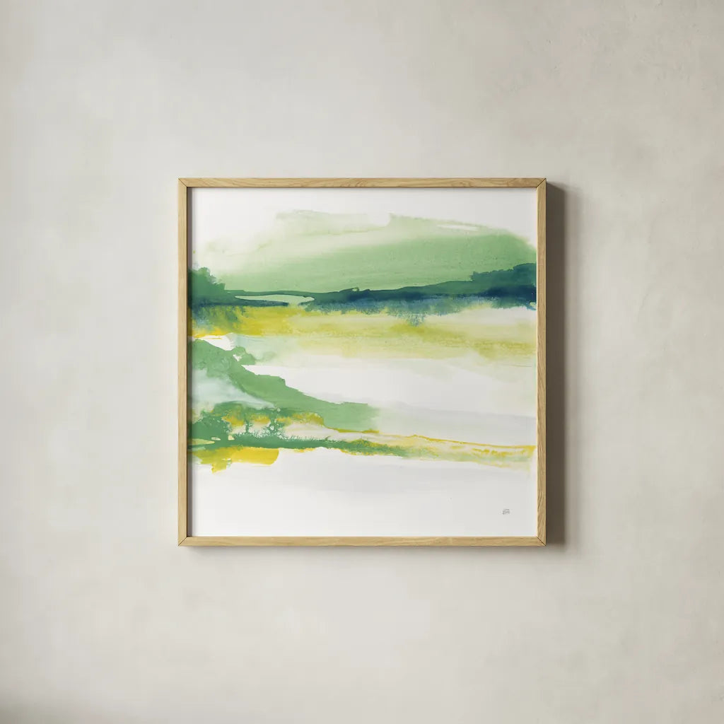 Emerald and Chartreuse II by Chris Paschke. Shown in a natural wood glass frame for a timeless modern aesthetic. Available as an archival giclee rolled canvas, fine art paper, or poster print. SKU 81054a.