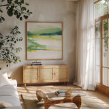 Emerald and Chartreuse II by Chris Paschke. Shown in a natural wood frame in a cozy modern living room. Available as an archival giclee rolled canvas, fine art paper, or poster print. SKU 81054a.
