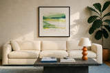 Emerald and Chartreuse II by Chris Paschke. Displayed in a glass frame with matte in a clean modern living room. Available as an archival giclee rolled canvas, fine art paper, or poster print. SKU 81054a.