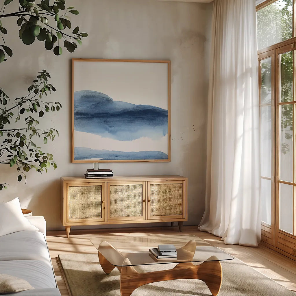 Emotion II by Chris Paschke. Shown in a natural wood frame in a cozy modern living room. Available as an archival giclee rolled canvas, fine art paper, or poster print. SKU 82263a.