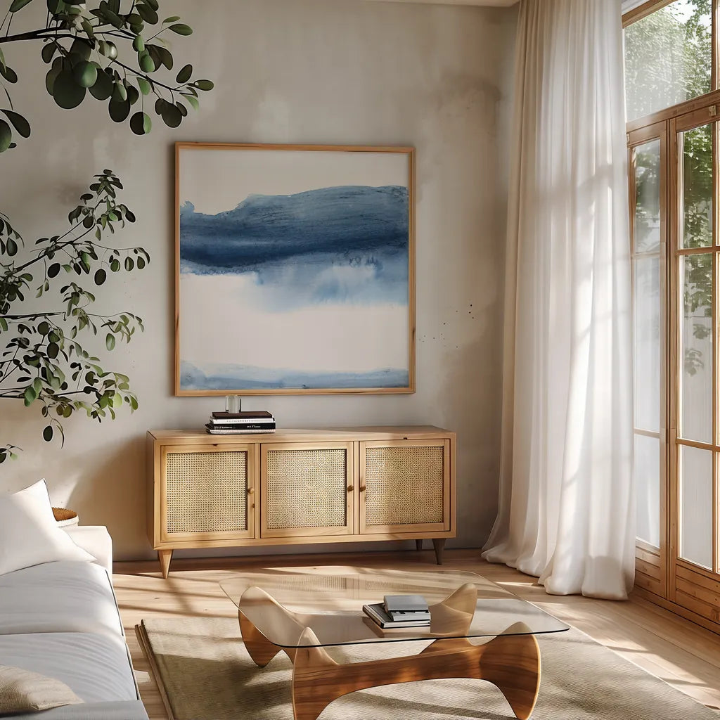 Emotion IV by Chris Paschke. Shown in a natural wood frame in a cozy modern living room. Available as an archival giclee rolled canvas, fine art paper, or poster print. SKU 82265a.