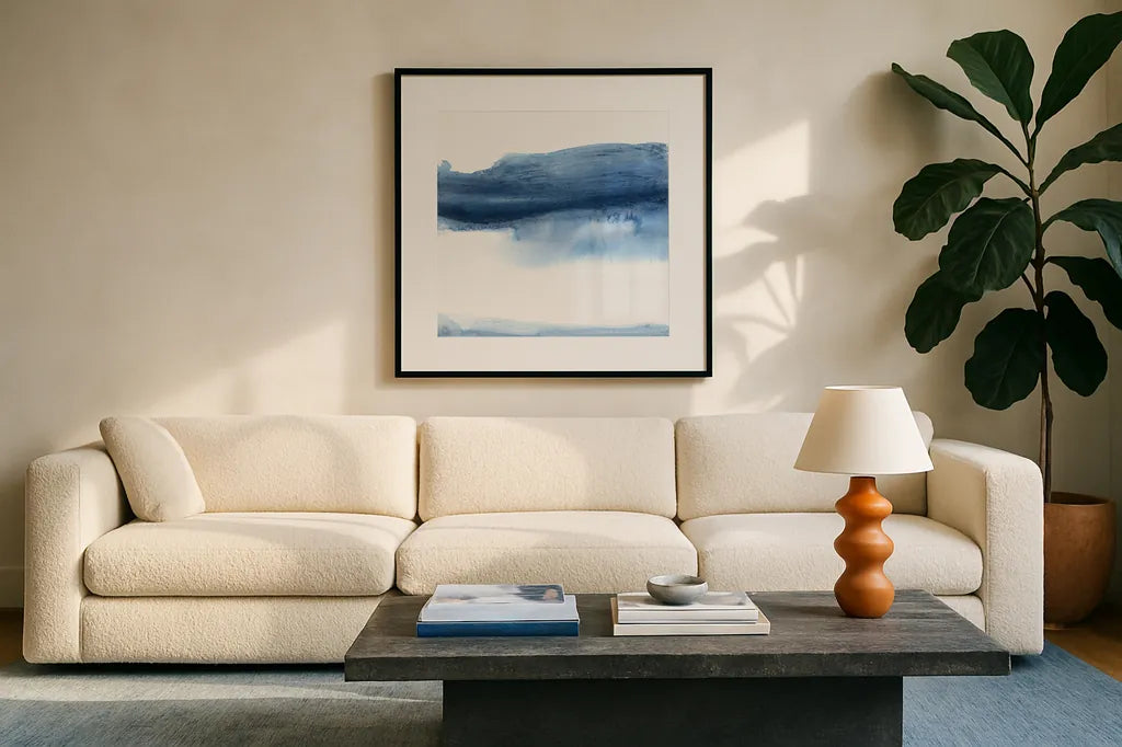 Emotion IV by Chris Paschke. Displayed in a glass frame with matte in a clean modern living room. Available as an archival giclee rolled canvas, fine art paper, or poster print. SKU 82265a.