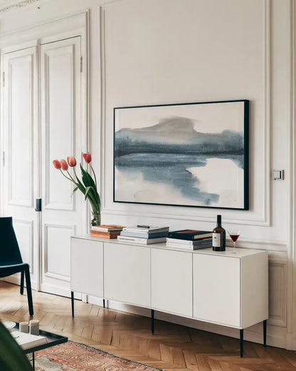 End of Day II by Chris Paschke. shown as a framed stretched canvas in a living room above a console. Available as a archival giclee rolled canvas, fine art paper, or poster print. SKU 72062i.