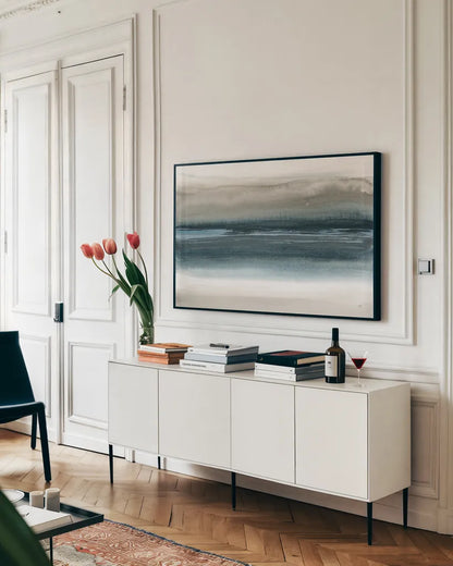 End of Day III by Chris Paschke. shown as a framed stretched canvas in a living room above a console. Available as a archival giclee rolled canvas, fine art paper, or poster print. SKU 72063i.