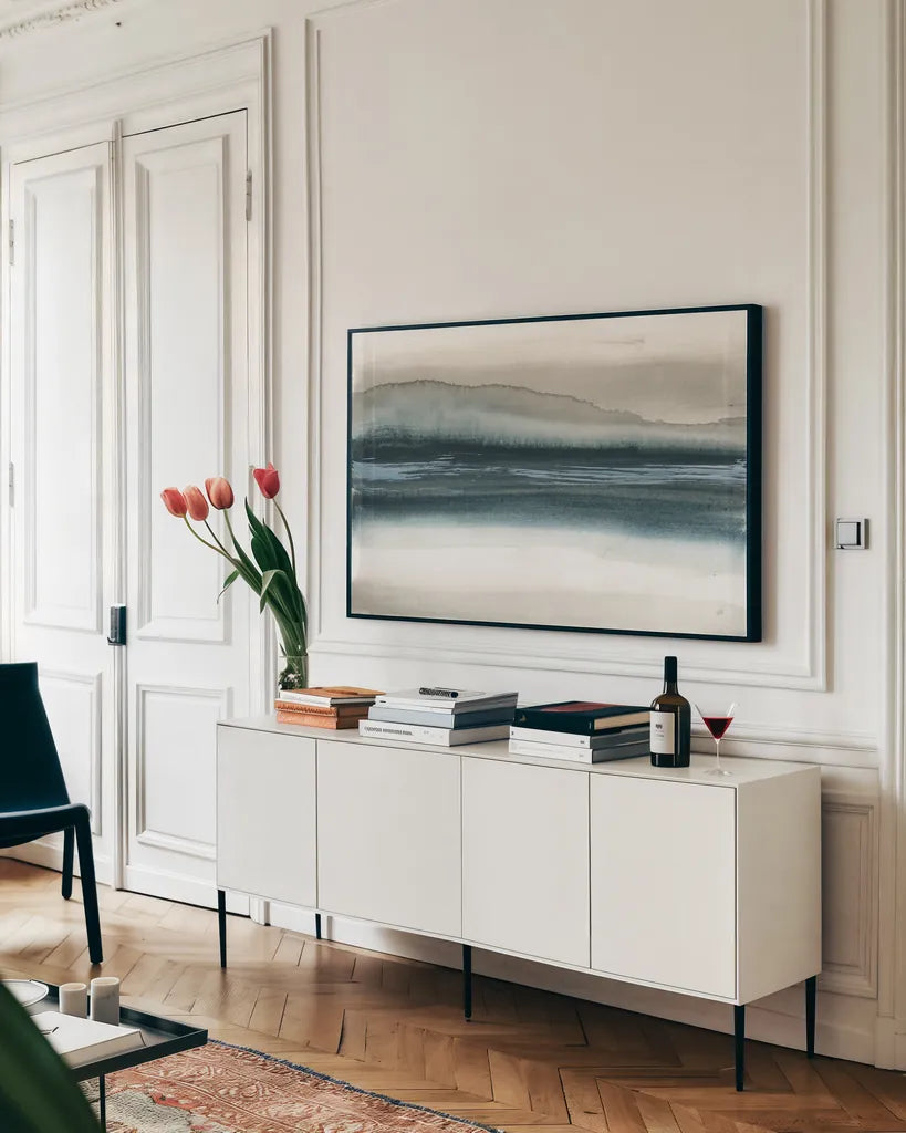 End of Day IV by Chris Paschke. shown as a framed stretched canvas in a living room above a console. Available as a archival giclee rolled canvas, fine art paper, or poster print. SKU 72064i.