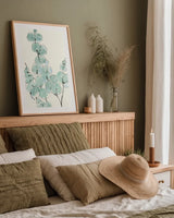Eucalyptus Branch III by Chris Paschke. shown as a paper print in a natural frame. Available as a archival giclee rolled canvas, fine art paper, or poster print. SKU 55065h.