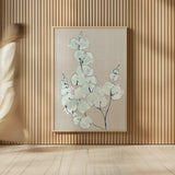 Eucalyptus Branch III Blue Gray by Chris Paschke. shown as over sized large wall art. Available as an archival giclee rolled canvas, fine art paper, or poster print. SKU 56419h.