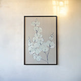 Eucalyptus Branch III Blue Gray by Chris Paschke. shown as a paper print in a black flame. Available as a archival giclee rolled canvas, fine art paper, or poster print. SKU 56419h.