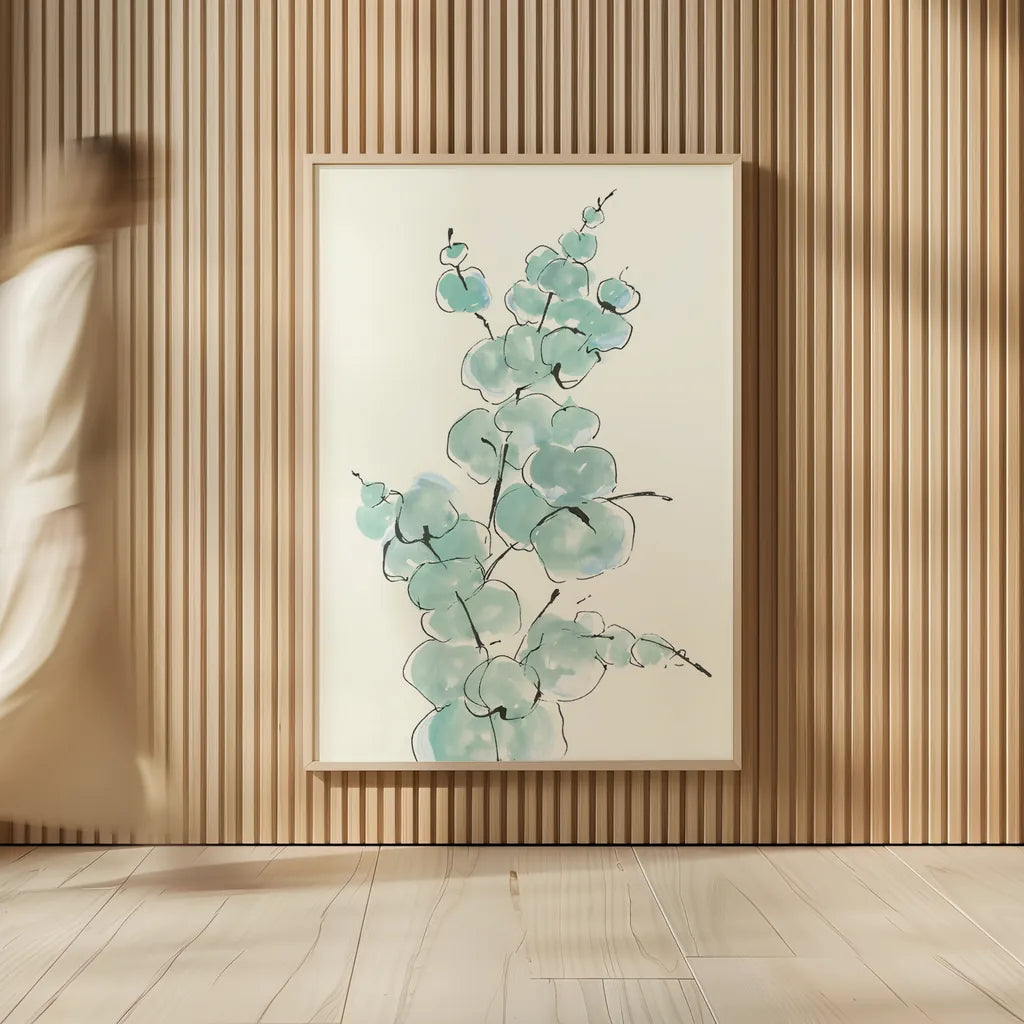 Eucalyptus Branch IV by Chris Paschke. shown as over sized large wall art. Available as an archival giclee rolled canvas, fine art paper, or poster print. SKU 55066h.