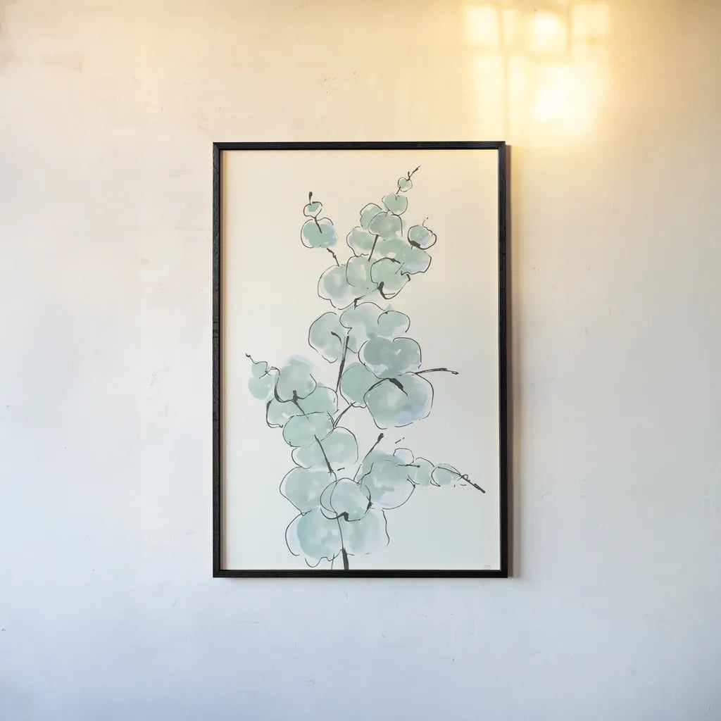 Eucalyptus Branch IV by Chris Paschke. shown as a paper print in a black flame. Available as a archival giclee rolled canvas, fine art paper, or poster print. SKU 55066h.