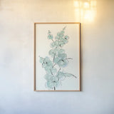 Eucalyptus Branch IV by Chris Paschke. shown as a paper print in a natural frame. Available as a archival giclee rolled canvas, fine art paper, or poster print. SKU 55066h.