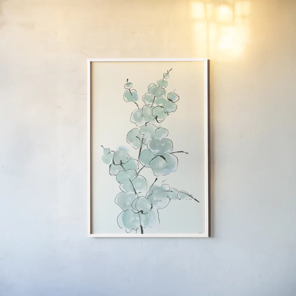 Eucalyptus Branch IV by Chris Paschke. shown as a paper print in a white frame. Available as a archival giclee rolled canvas, fine art paper, or poster print. SKU 55066h.