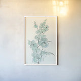Eucalyptus Branch IV by Chris Paschke. shown as a paper print in a white frame. Available as a archival giclee rolled canvas, fine art paper, or poster print. SKU 55066h.