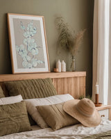 Eucalyptus Branch IV Blue Gray by Chris Paschke. shown as a paper print in a natural frame. Available as a archival giclee rolled canvas, fine art paper, or poster print. SKU 56420h.