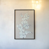 Eucalyptus Branch IV Blue Gray by Chris Paschke. shown as a paper print in a black flame. Available as a archival giclee rolled canvas, fine art paper, or poster print. SKU 56420h.