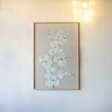 Eucalyptus Branch IV Blue Gray by Chris Paschke. shown as a paper print in a natural frame. Available as a archival giclee rolled canvas, fine art paper, or poster print. SKU 56420h.