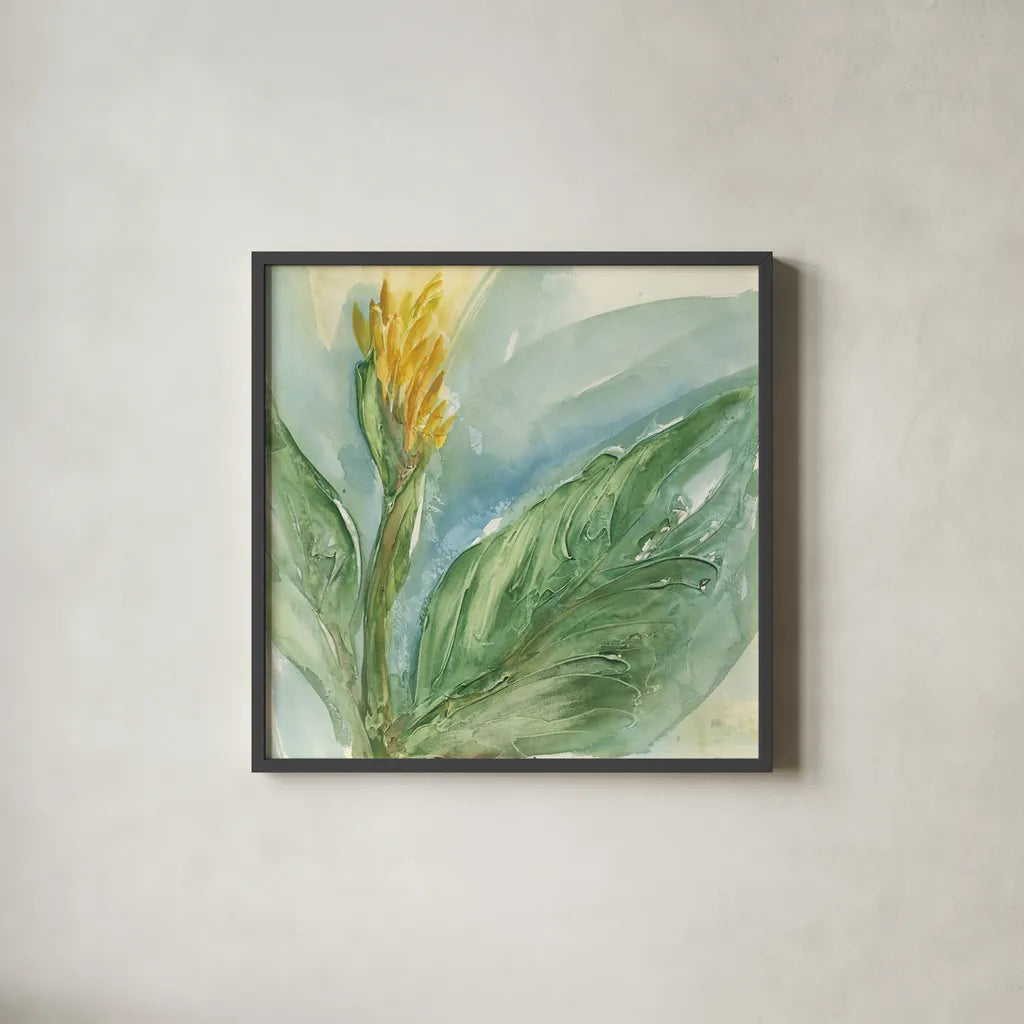 Exotic Flower II by Chris Paschke. Shown in a sleek black glass frame for a contemporary gallery look. Available as an archival giclee rolled canvas, fine art paper, or poster print. SKU 48031a.