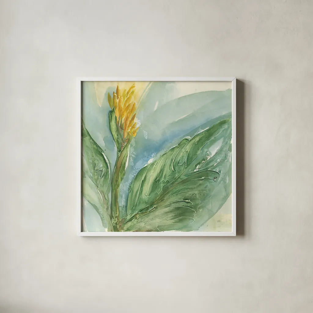 Exotic Flower II by Chris Paschke. Shown in a crisp white glass frame for a clean and minimalist style. Available as an archival giclee rolled canvas, fine art paper, or poster print. SKU 48031a.