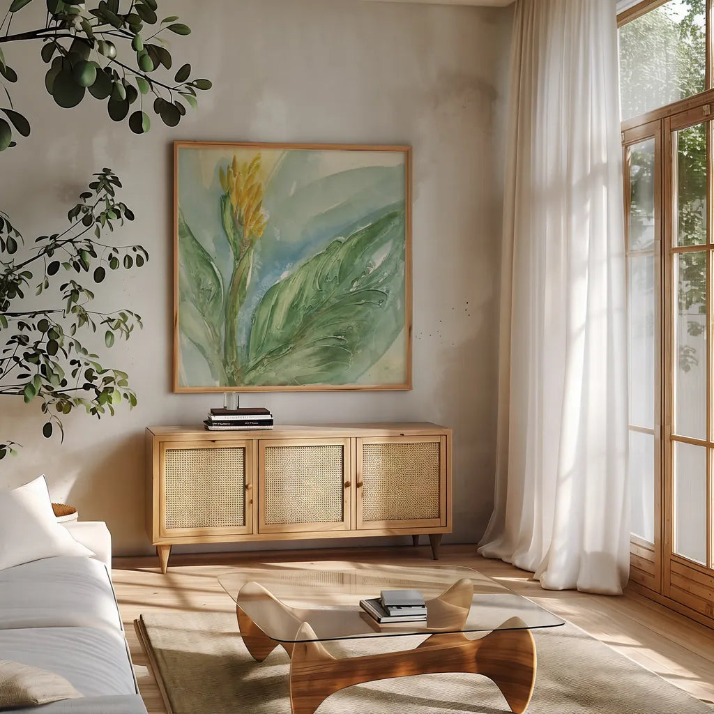 Exotic Flower II by Chris Paschke. Shown in a natural wood frame in a cozy modern living room. Available as an archival giclee rolled canvas, fine art paper, or poster print. SKU 48031a.