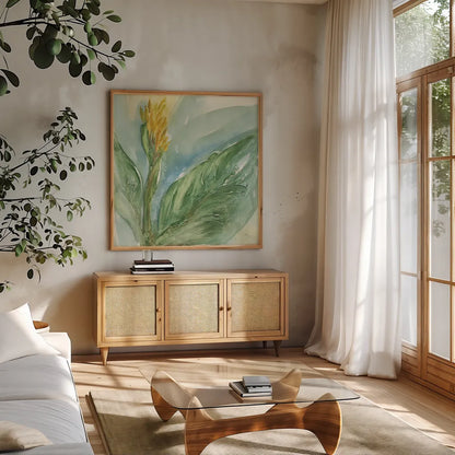 Exotic Flower II by Chris Paschke. Shown in a natural wood frame in a cozy modern living room. Available as an archival giclee rolled canvas, fine art paper, or poster print. SKU 48031a.