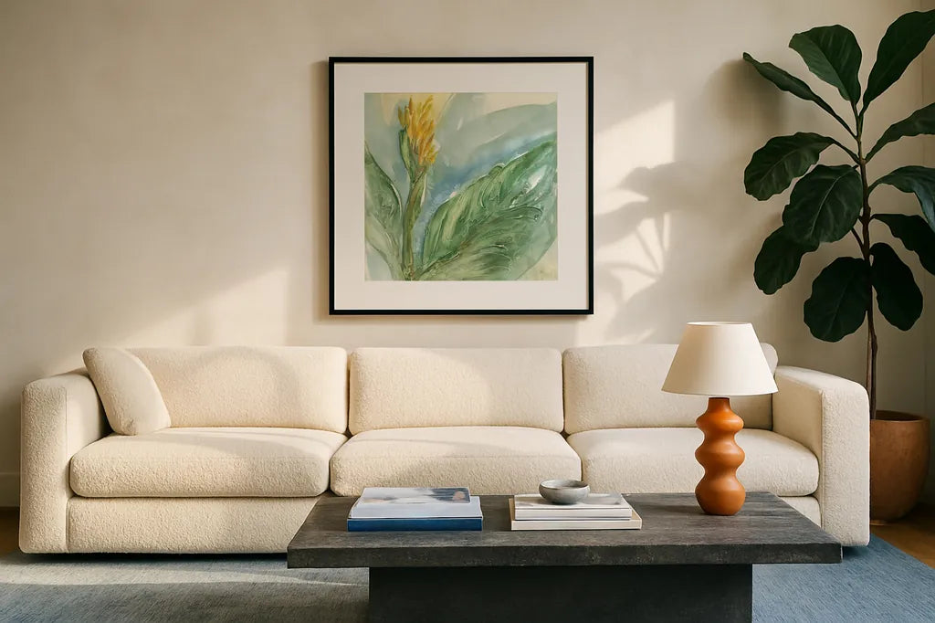 Exotic Flower II by Chris Paschke. Displayed in a glass frame with matte in a clean modern living room. Available as an archival giclee rolled canvas, fine art paper, or poster print. SKU 48031a.