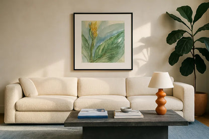 Exotic Flower II by Chris Paschke. Displayed in a glass frame with matte in a clean modern living room. Available as an archival giclee rolled canvas, fine art paper, or poster print. SKU 48031a.