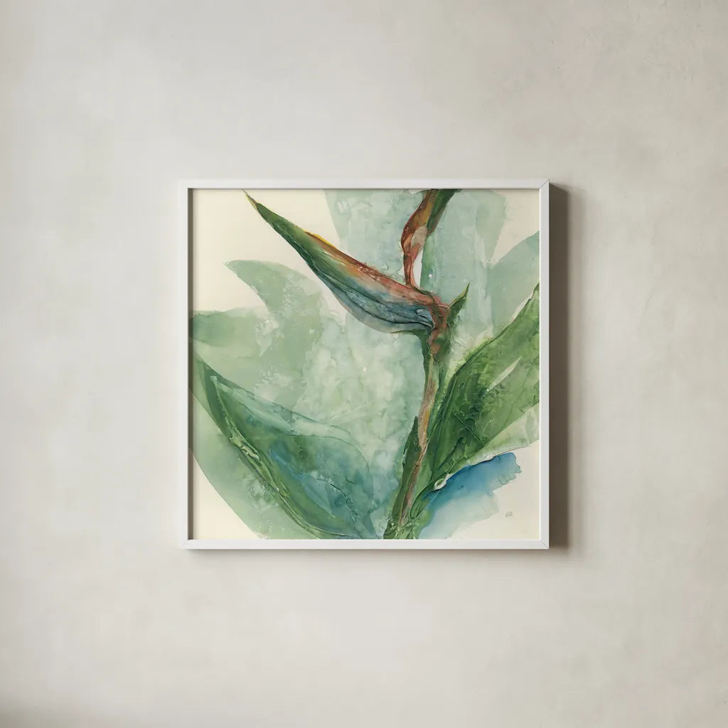 Exotic Flower III by Chris Paschke. Shown in a crisp white glass frame for a clean and minimalist style. Available as an archival giclee rolled canvas, fine art paper, or poster print. SKU 48032a.