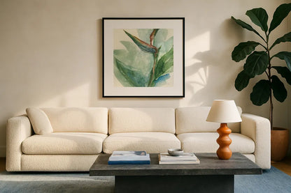 Exotic Flower III by Chris Paschke. Displayed in a glass frame with matte in a clean modern living room. Available as an archival giclee rolled canvas, fine art paper, or poster print. SKU 48032a.